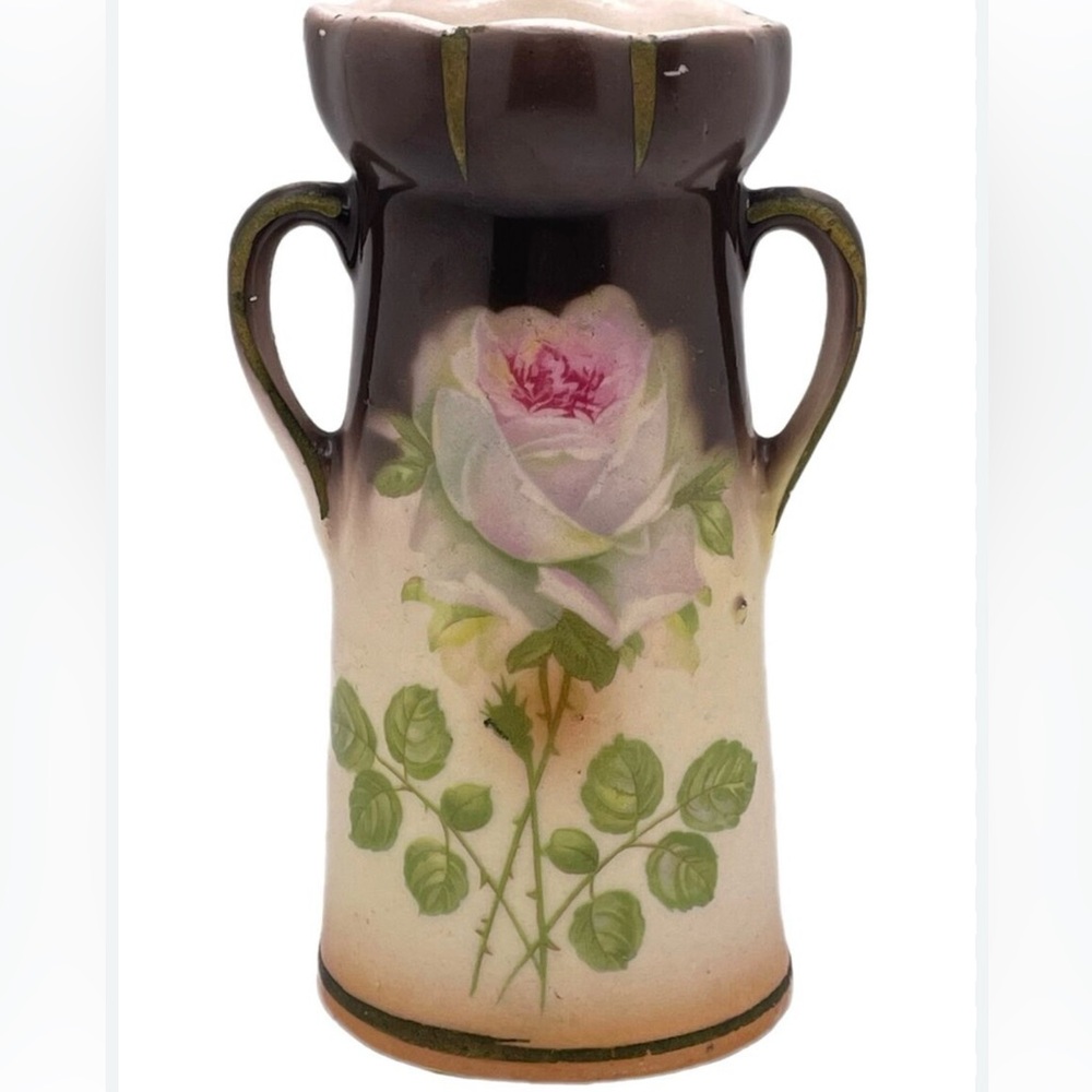 Vintage antique Czech hand, painted pink rose and brown vase. 5.5” high